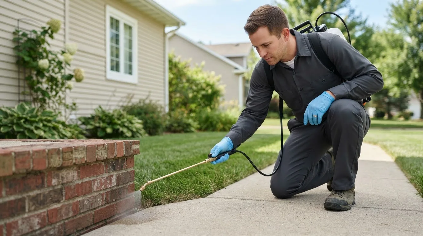 Pest control technician treating a home near West Alexandria, OH