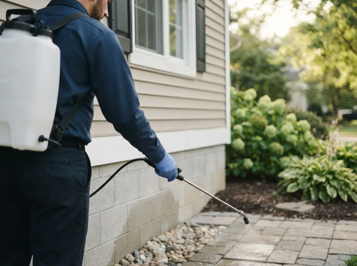 Pest control technician inspecting a home in West Alexandria, OH